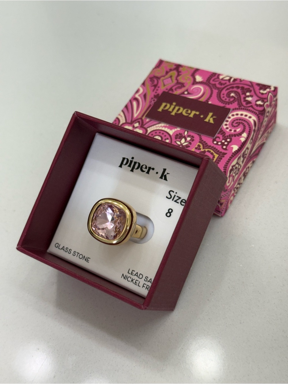 Piper Gold-Tone Ring with Blush Pink Cushion Stone 8 NIB
